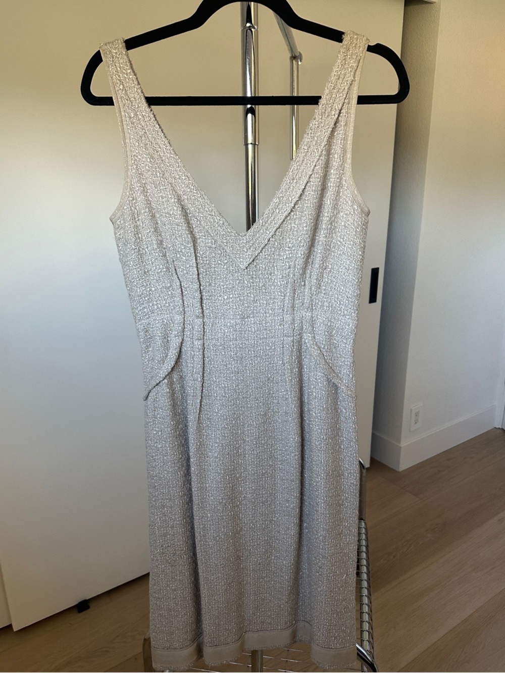 Prada Silver-Gray Textured V-Neck Midi Dress